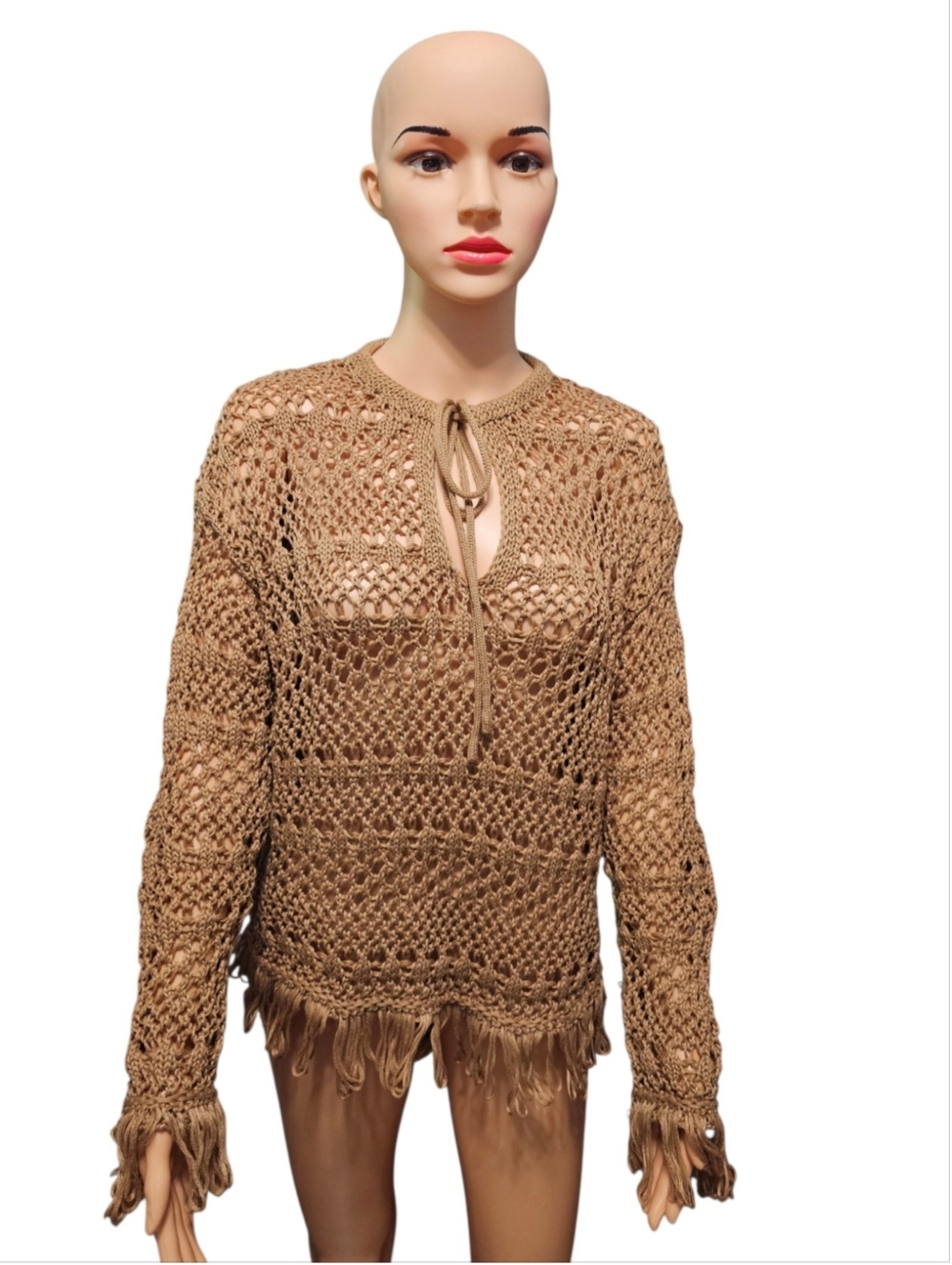 Gigio USA Open-Knit Fringe Crochet Boho Festival Tan Sweater Sz S (Oversized) - Picture 2 of 5